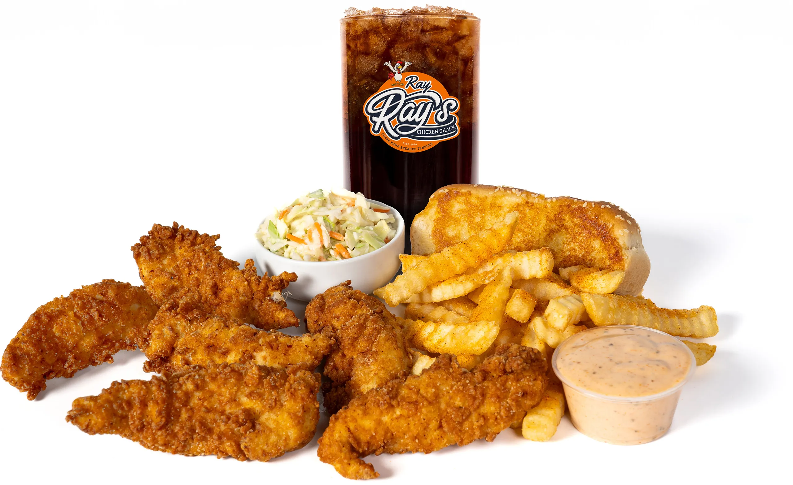 Ray Ray's hand-breaded chicken tenders with crinkle fries, slaw, Ray Ray's Sauce, and a fountain drink